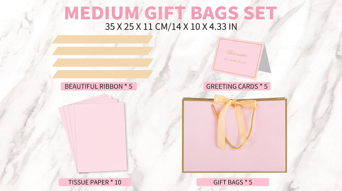 jaikg Gift Bag Sets Pink with Handles Tissue Paper and Cards 5 Pcs