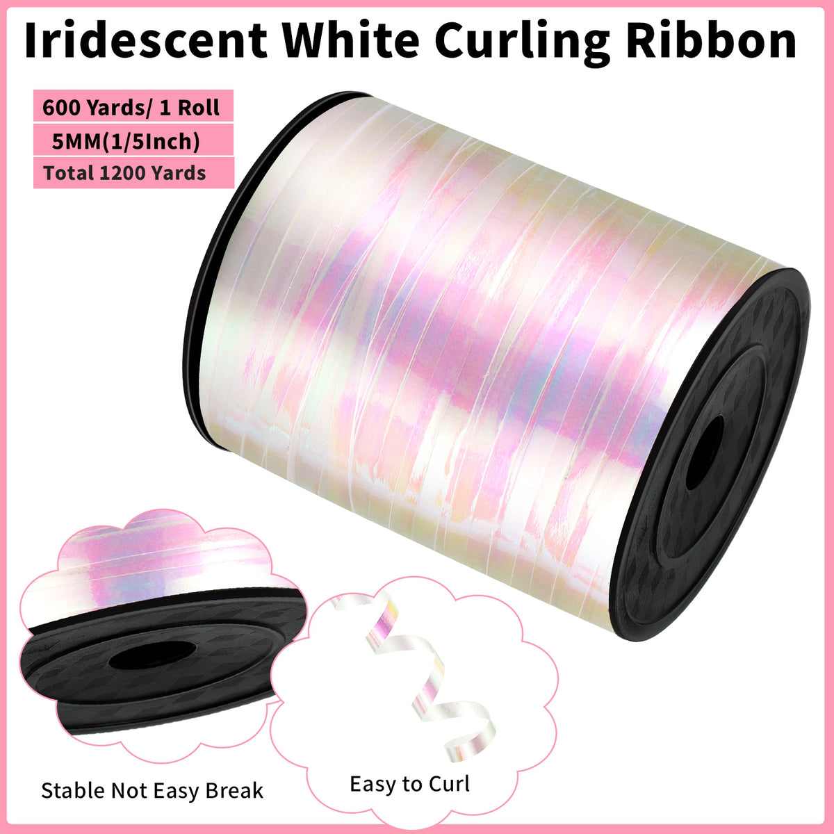 jaikg 1200 Yards Iridescent White Curling Ribbon 1/5 Inch for Wedding Decor Gift Wrapping