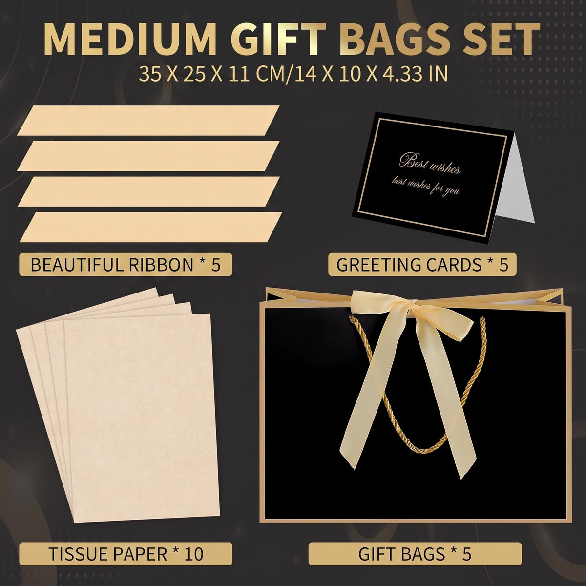 5 Set Black Gift Bags with Handles Tissue Paper and Cards for Party Favors