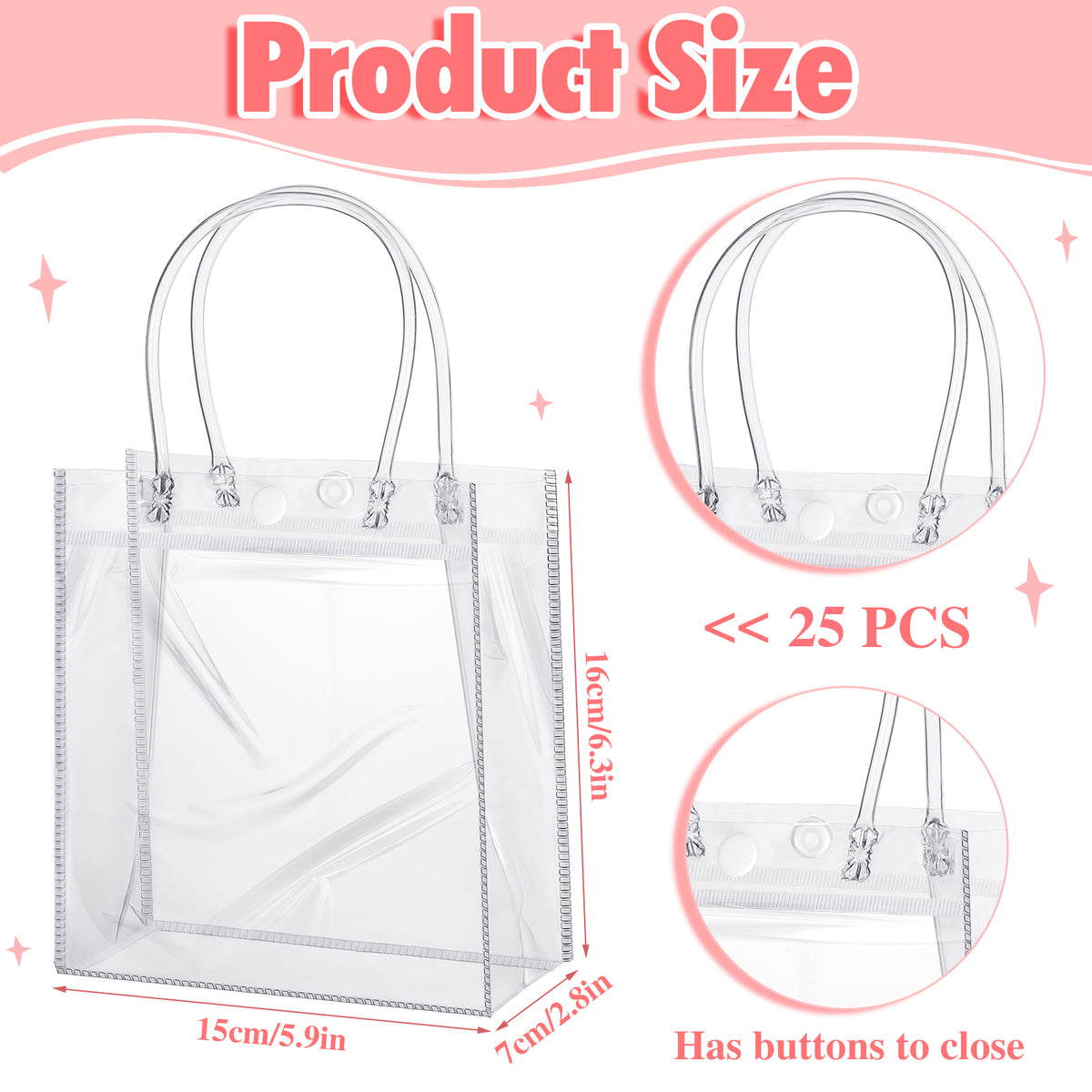 25 pack Clear Gift Bags with Handle 6.3" x 5.9" x 2.8",Plastic Small Gift Bags for Party Favors Wedding Birthday