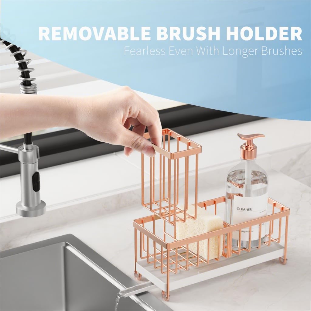 Cisily Sponge Holder for Kitchen Sink, Sink Caddy Organizer with High Brush Holder, Kitchen Countertop Organizers and Storage Essentials, Rustproof 304 Stainless Steel (Black, 9.25″)