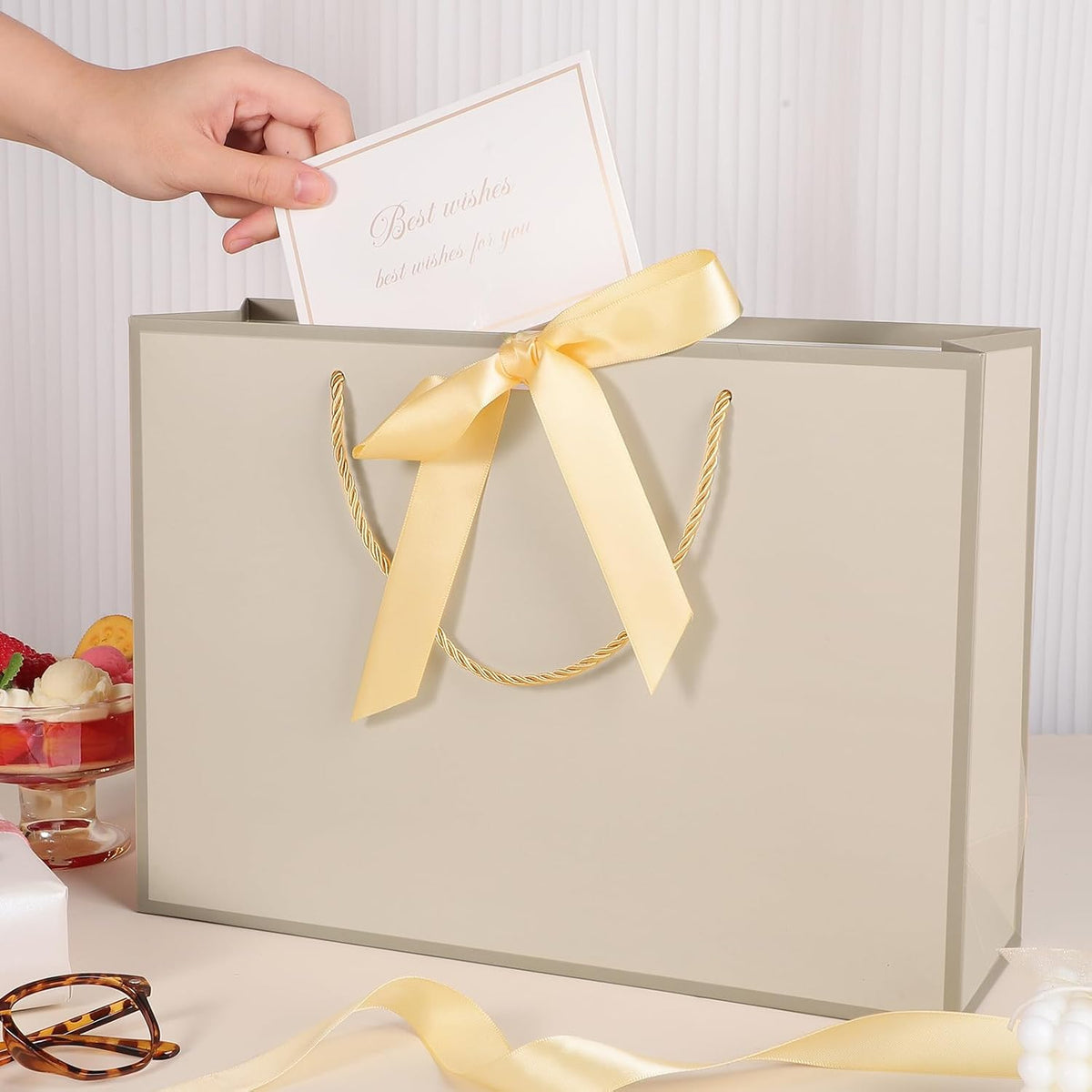 Jaikg Gift Bag Sets with Handles, Tissue Paper and Cards, Gold, 5 Set
