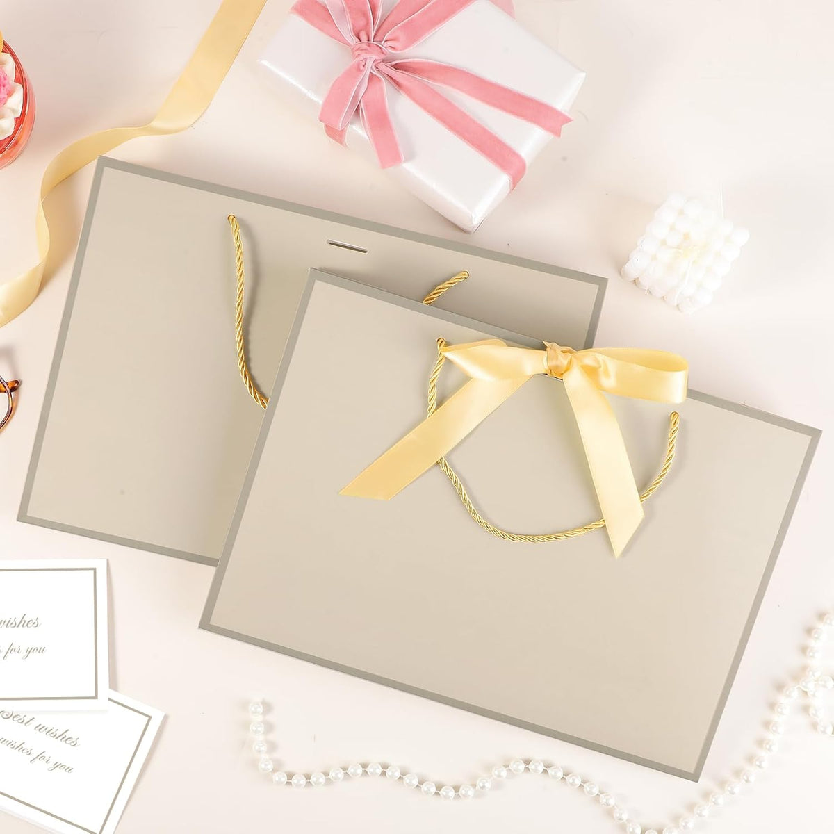Jaikg Gift Bag Sets with Handles, Tissue Paper and Cards, Gold, 5 Set
