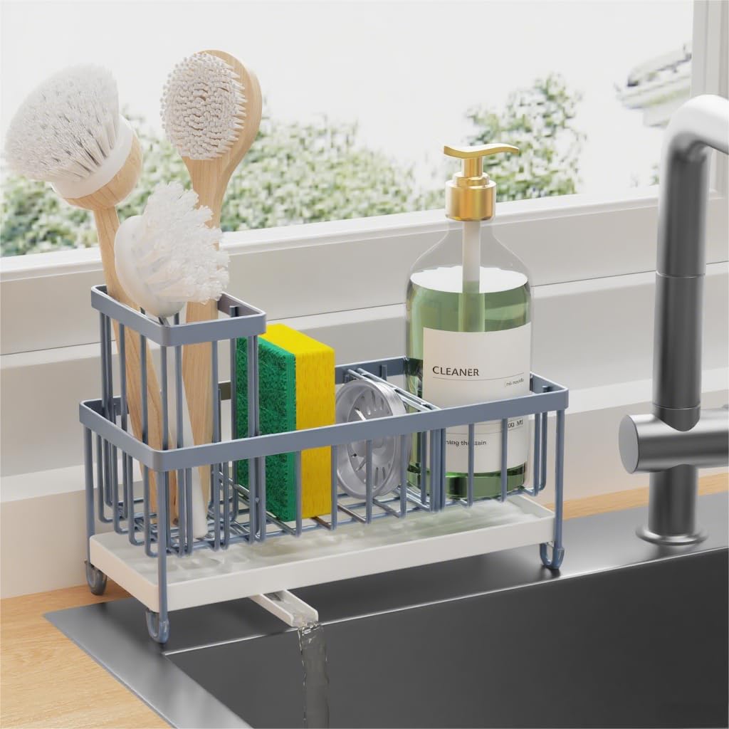 Cisily Sponge Holder for Kitchen Sink, Sink Caddy Organizer with High Brush Holder, Kitchen Countertop Organizers and Storage Essentials, Rustproof 304 Stainless Steel (Black, 9.25″)