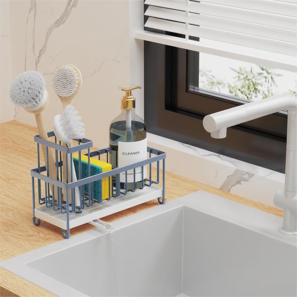 Cisily Sponge Holder for Kitchen Sink, Sink Caddy Organizer with High Brush Holder, Kitchen Countertop Organizers and Storage Essentials, Rustproof 304 Stainless Steel (Black, 9.25″)