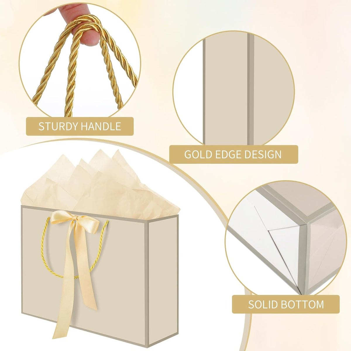 Jaikg Gift Bag Sets with Handles, Tissue Paper and Cards, Gold, 5 Set