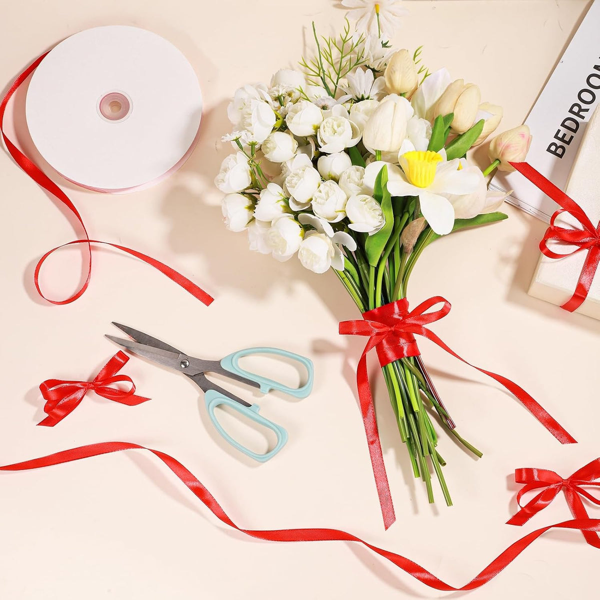 Jaikg 2 Rolls Red Satin Ribbon 120 Yards 3/8 Inch Thin Ribbon for Red Bows