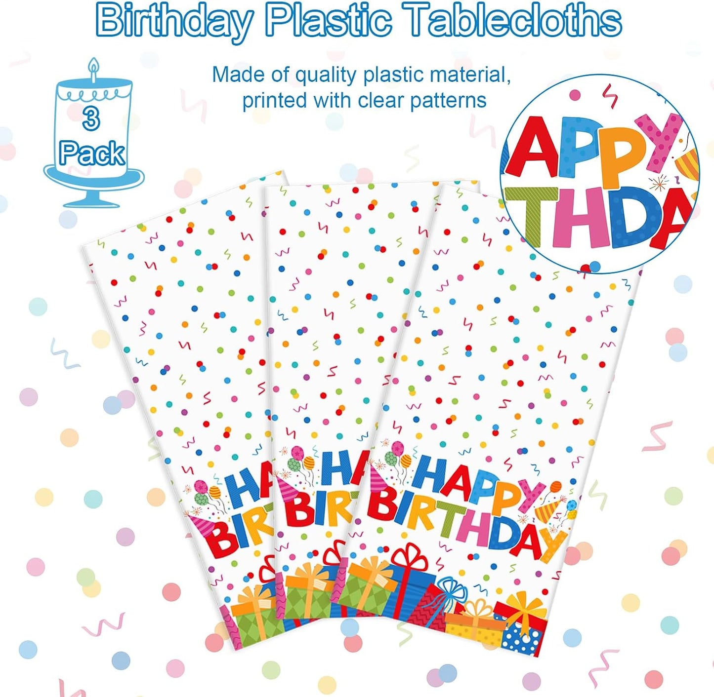 4 Pack Plastic Birthday Tablecloth, 54 x 108 Inch Disposable PE Happy Birthday Tablecloth Waterproof Rectangle Birthdays Party Table Cover for Birthdays Party Decorations