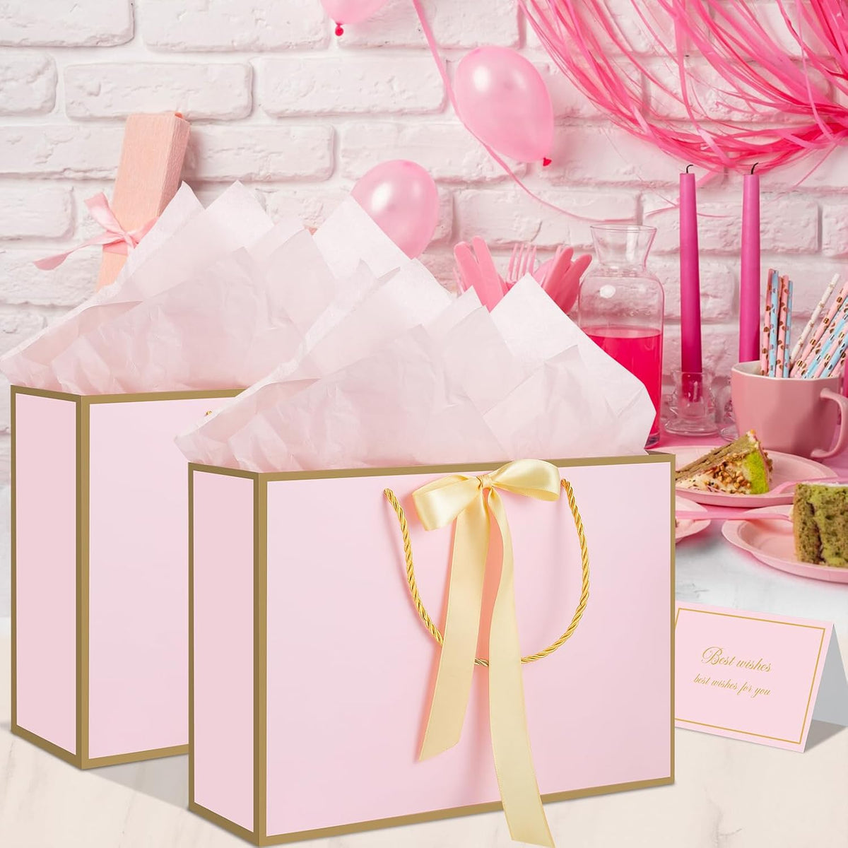 jaikg Gift Bag Sets Pink with Handles Tissue Paper and Cards 5 Pcs