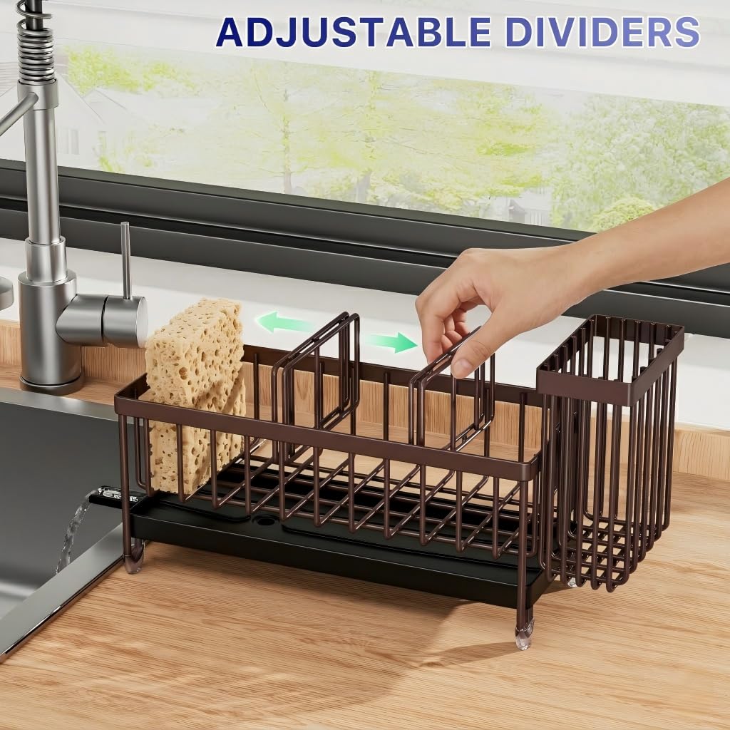 Cisily Sponge Holder for Kitchen Sink, Sink Caddy Organizer with High Brush Holder, Kitchen Countertop Organizers and Storage Essentials, Rustproof 304 Stainless Steel (Black, 9.25″)
