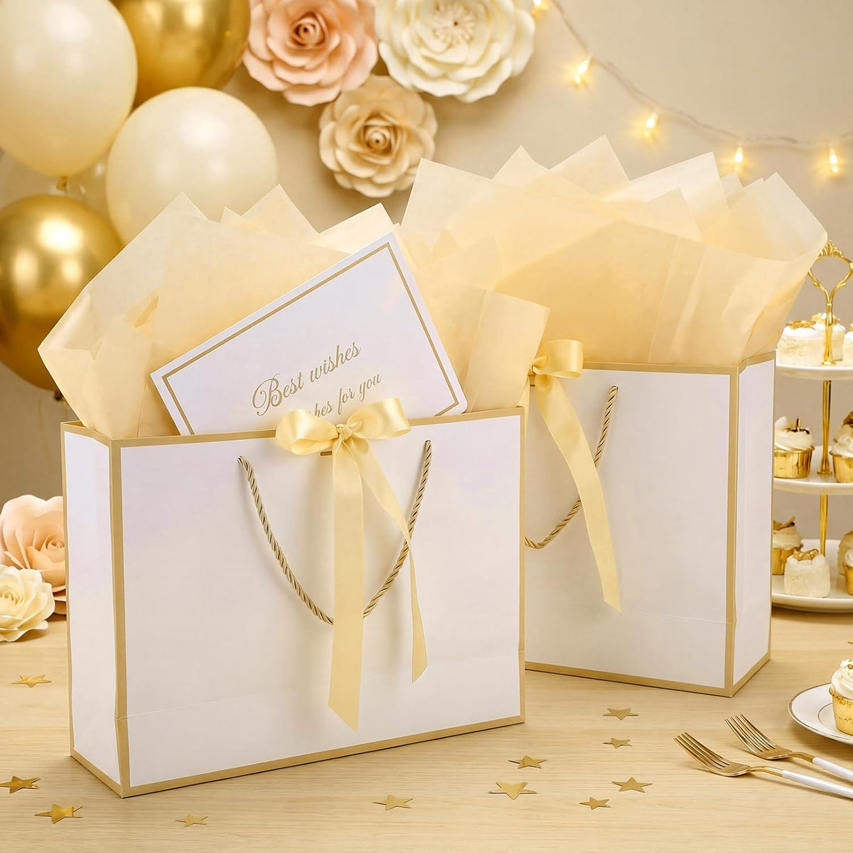 5 Pcs White Gold Foil Gift Bags with Handles, 14" Medium Gift Bag
