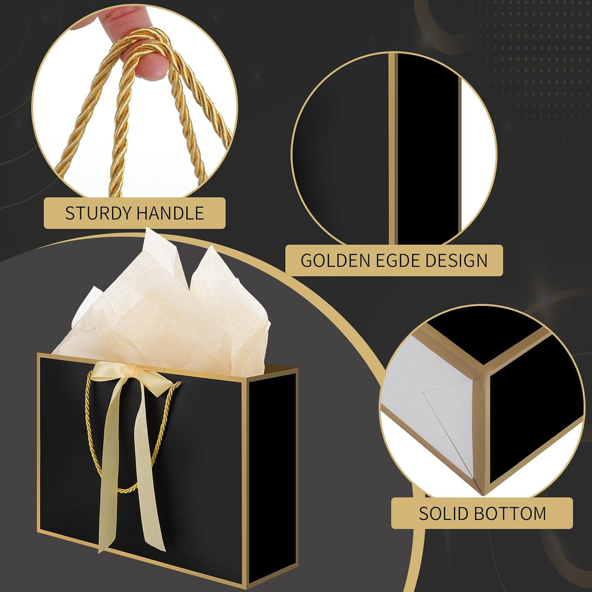 5 Set Black Gift Bags with Handles Tissue Paper and Cards for Party Favors