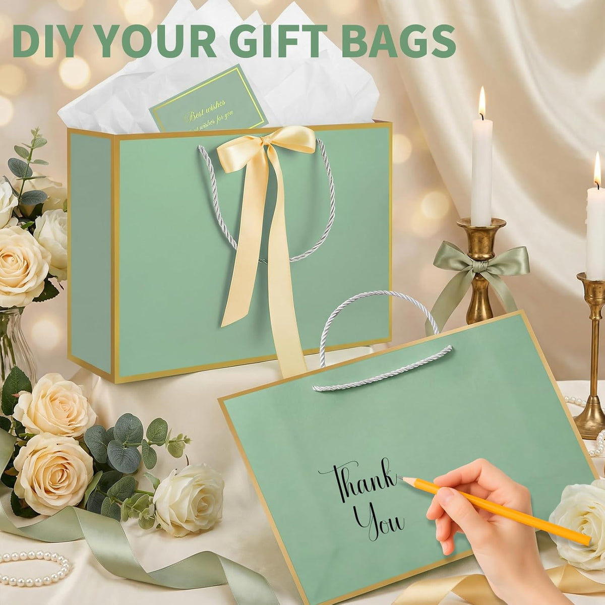 Jaikg Gift Bags Sage Green with Handles 5 Set