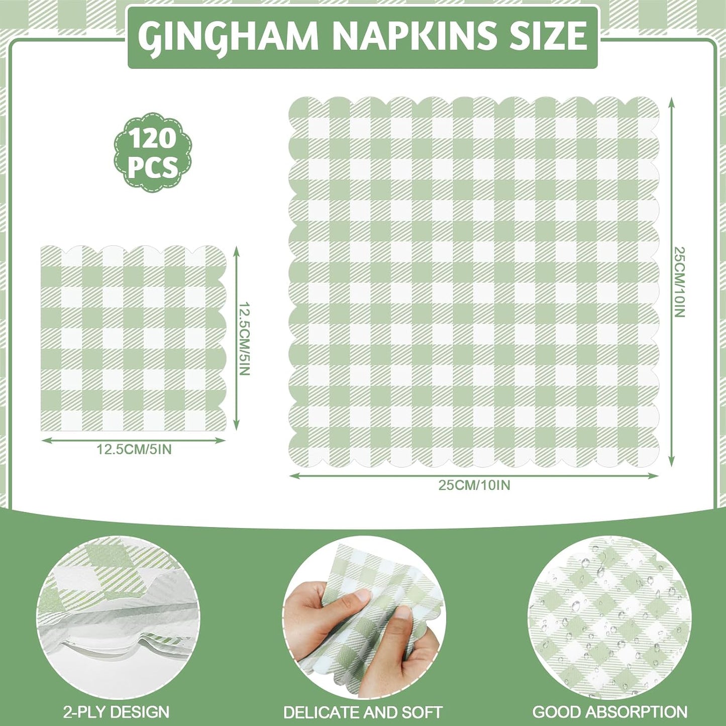 jaikg 140 Pcs 5 x 5 Sage Green Napkin Gingham Disposable for Back to School Party, Wedding, Bridal & Baby Shower