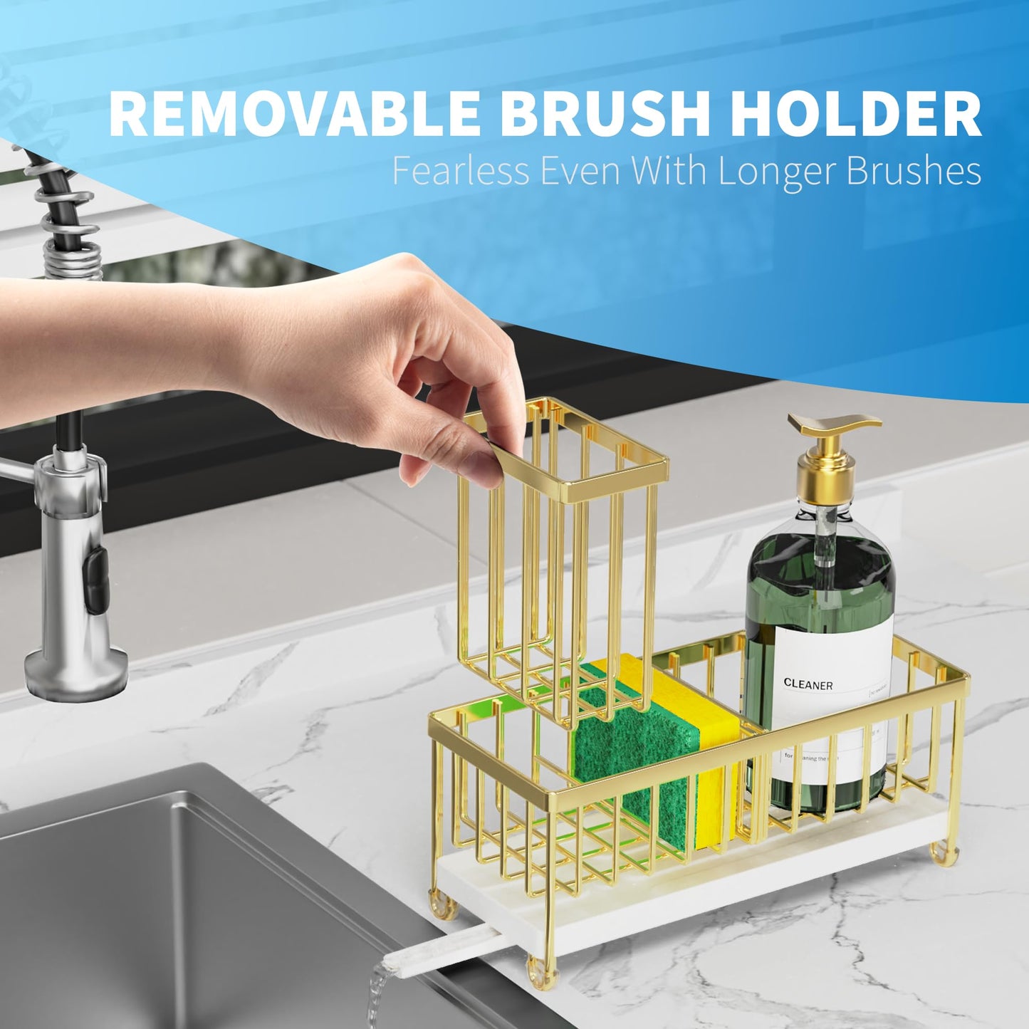Cisily Sponge Holder for Kitchen Sink, Sink Caddy Organizer with High Brush Holder, Kitchen Countertop Organizers and Storage Essentials, Rustproof 304 Stainless Steel (Black, 9.25″)