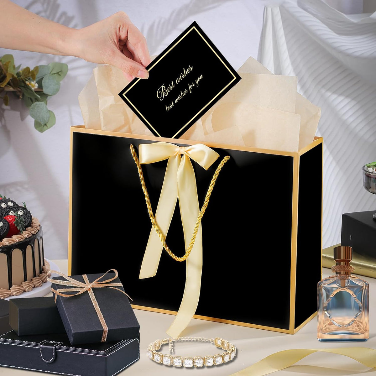 5 Set Black Gift Bags with Handles Tissue Paper and Cards for Party Favors