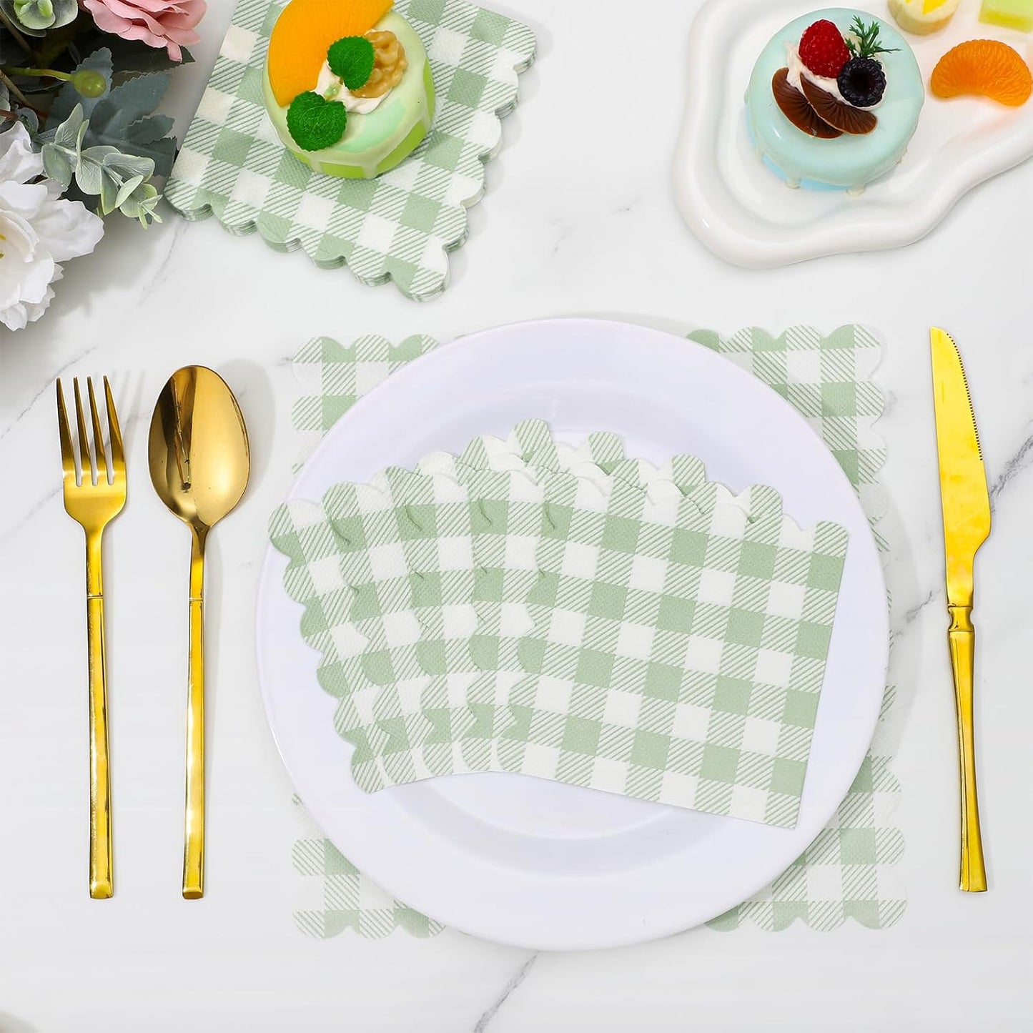 jaikg 140 Pcs 5 x 5 Sage Green Napkin Gingham Disposable for Back to School Party, Wedding, Bridal & Baby Shower