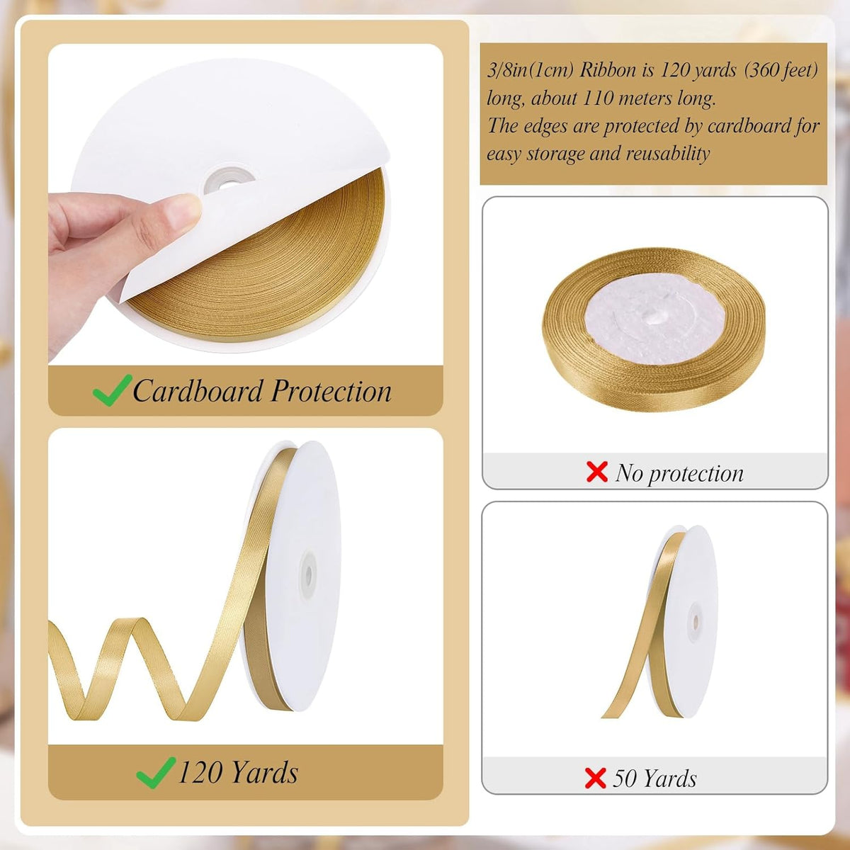 Jaikg 2 Rolls Gold Ribbon 3/8 Inch 120 Yards Thin Craft Gold Satin Ribbon