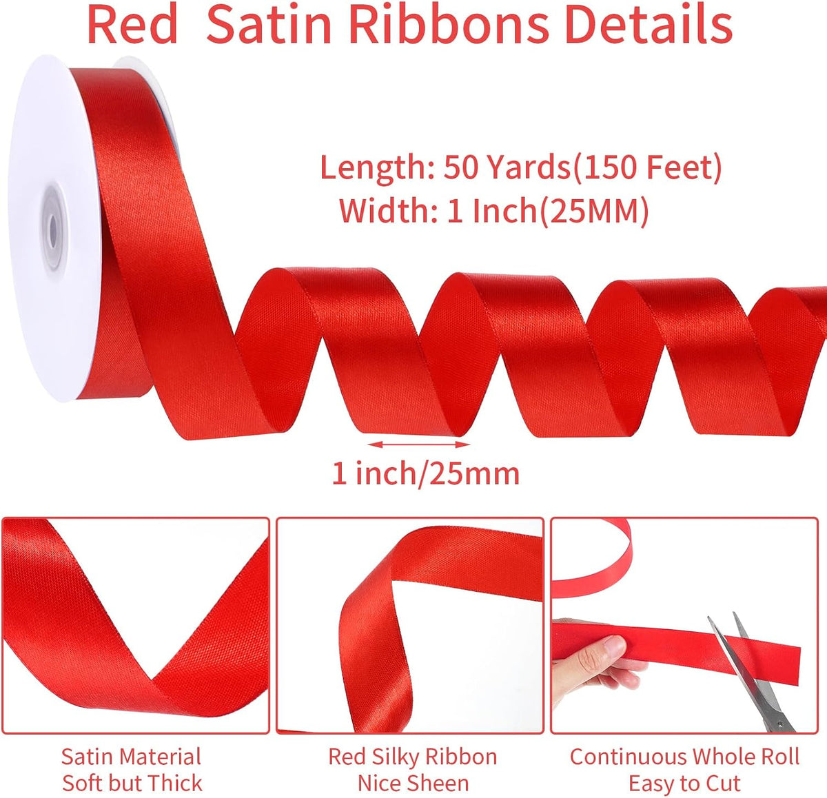 Jaikg Red Satin Ribbon 1 Inch 50 Yards Red Bows，2 Rolls