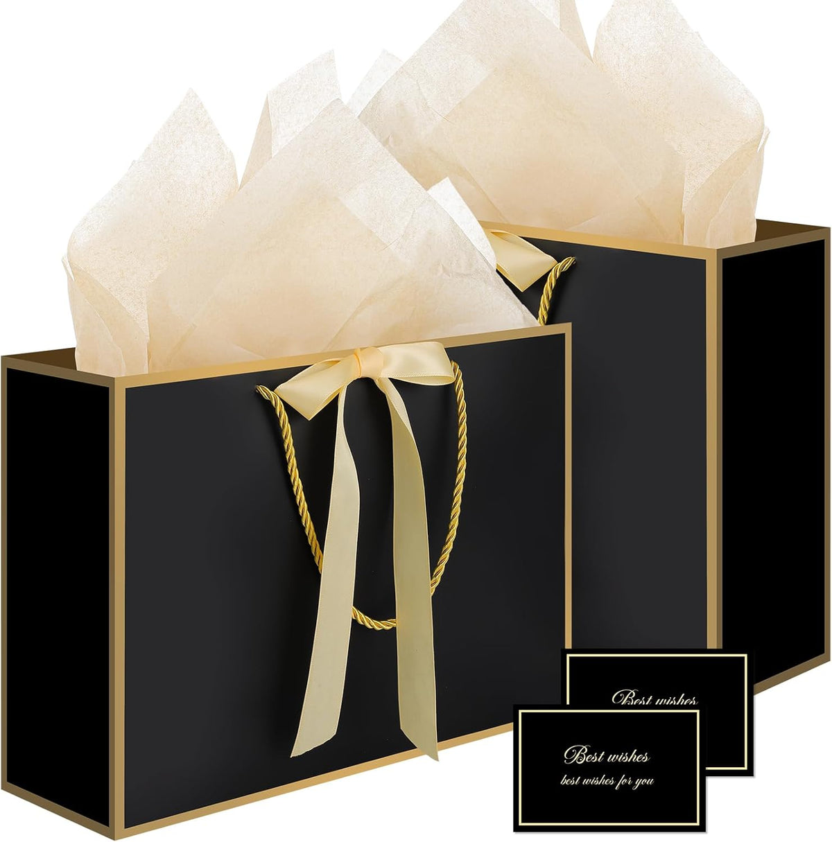 5 Set Black Gift Bags with Handles Tissue Paper and Cards for Party Favors