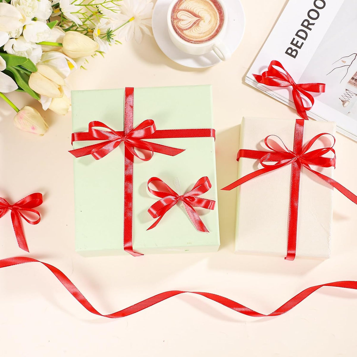 Jaikg 2 Rolls Red Satin Ribbon 120 Yards 3/8 Inch Thin Ribbon for Red Bows