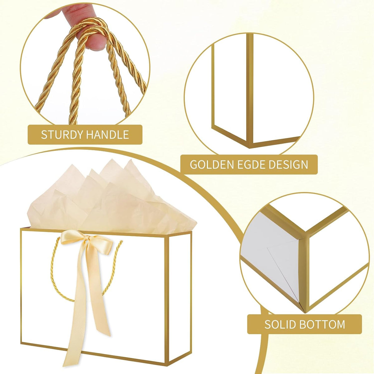 5 Pcs White Gold Foil Gift Bags with Handles, 14" Medium Gift Bag
