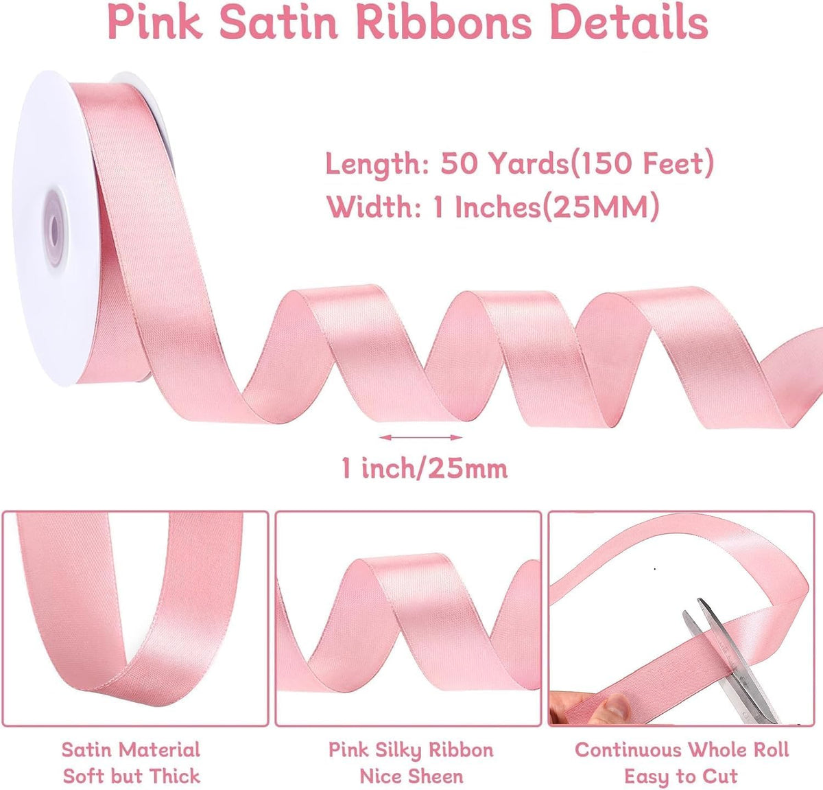Jaikg Satin Ribbon Pink 2 Rolls 1 Inch x 50 Yards