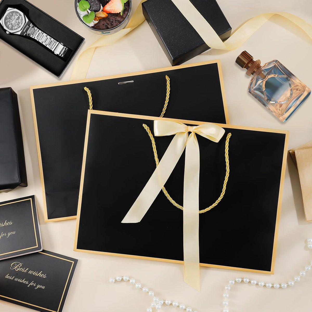 5 Set Black Gift Bags with Handles Tissue Paper and Cards for Party Favors
