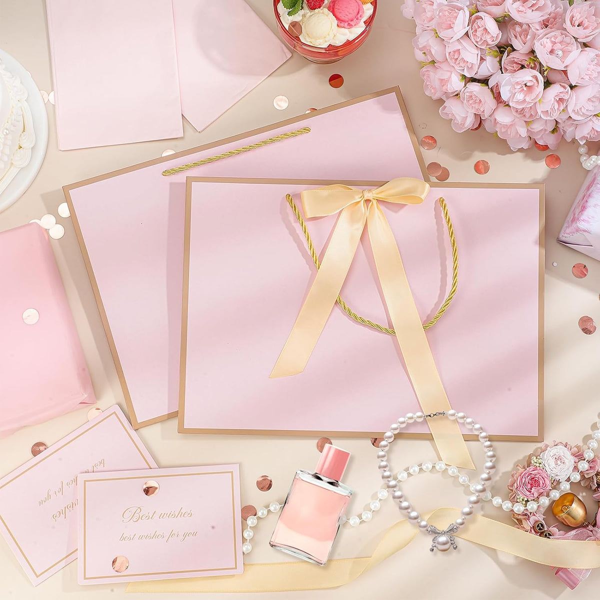 jaikg Gift Bag Sets Pink with Handles Tissue Paper and Cards 5 Pcs