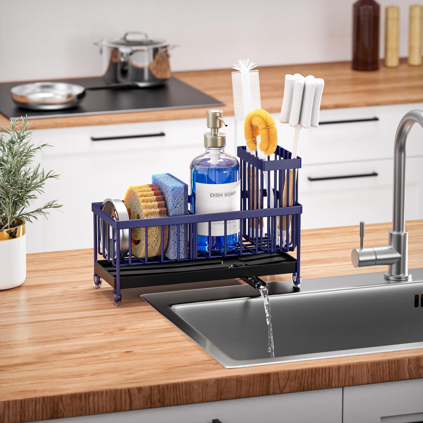 Cisily Sponge Holder for Kitchen Sink, Sink Caddy Organizer with High Brush Holder, Kitchen Countertop Organizers and Storage Essentials, Rustproof 304 Stainless Steel (Black, 9.25″)