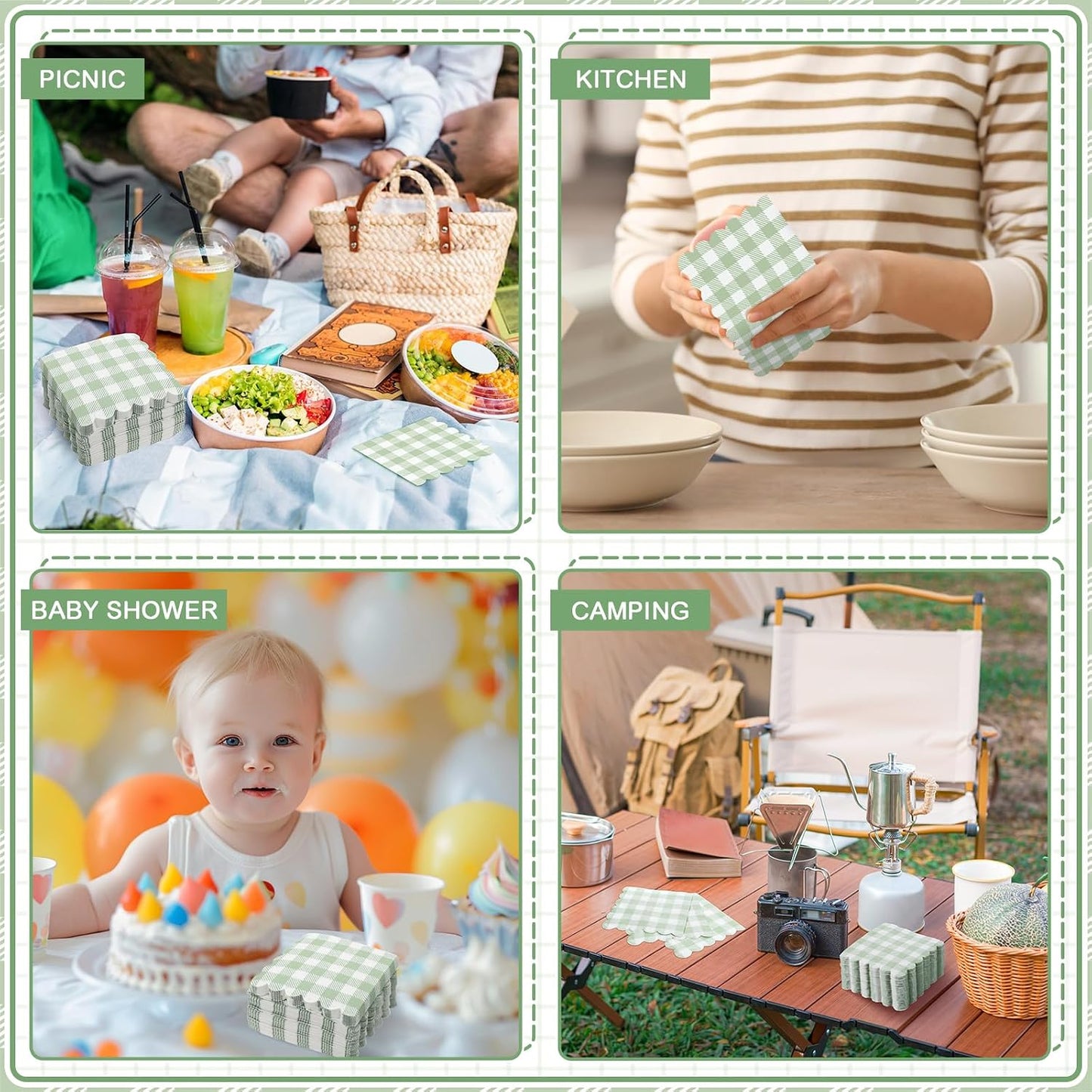 jaikg 140 Pcs 5 x 5 Sage Green Napkin Gingham Disposable for Back to School Party, Wedding, Bridal & Baby Shower