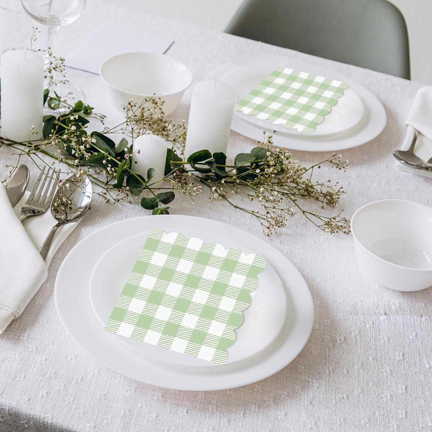 jaikg 140 Pcs 5 x 5 Sage Green Napkin Gingham Disposable for Back to School Party, Wedding, Bridal & Baby Shower