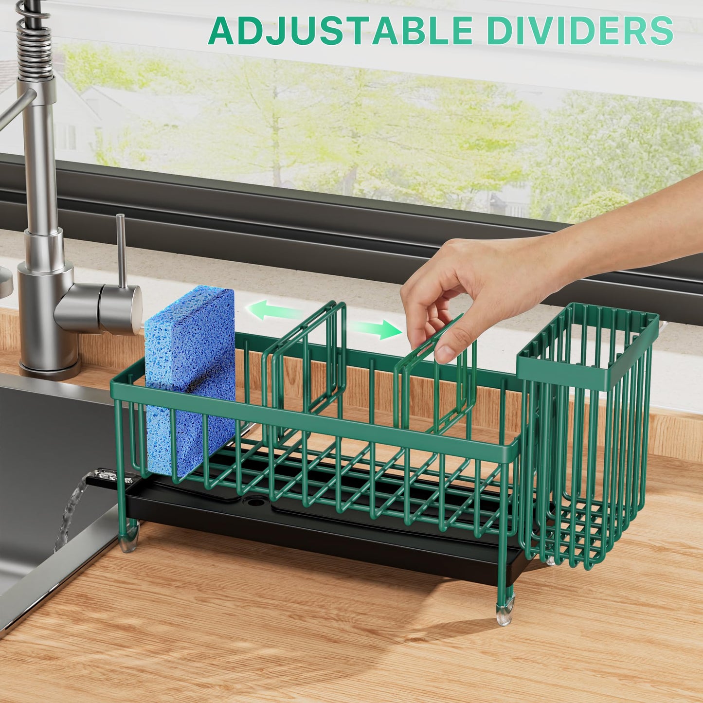 Cisily Sponge Holder for Kitchen Sink, Sink Caddy Organizer with High Brush Holder, Kitchen Countertop Organizers and Storage Essentials, Rustproof 304 Stainless Steel (Black, 9.25″)