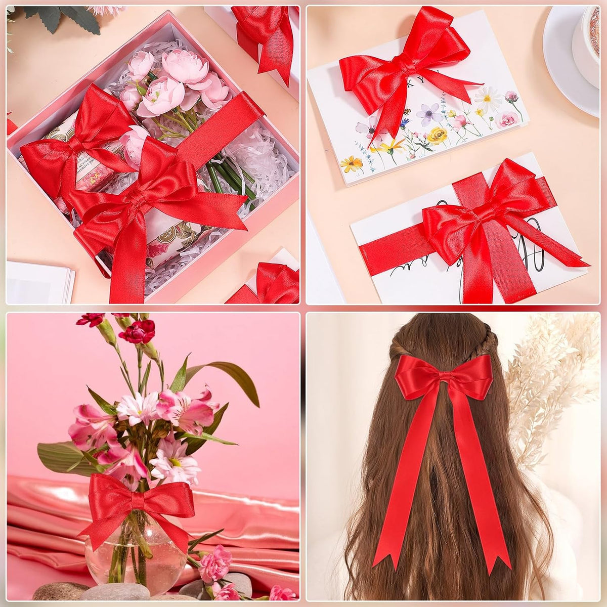 Jaikg Red Satin Ribbon 1 Inch 50 Yards Red Bows，2 Rolls