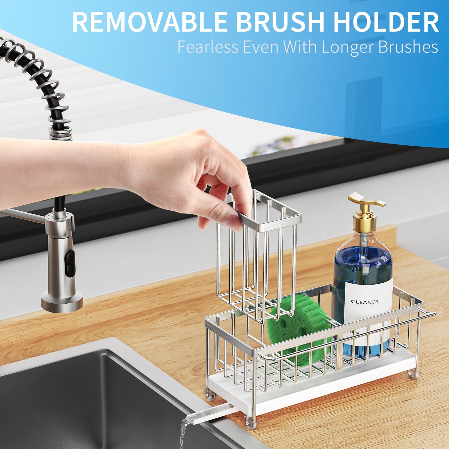 Cisily Sponge Holder for Kitchen Sink, Sink Caddy Organizer with High Brush Holder, Kitchen Countertop Organizers and Storage Essentials, Rustproof 304 Stainless Steel (Black, 9.25″)