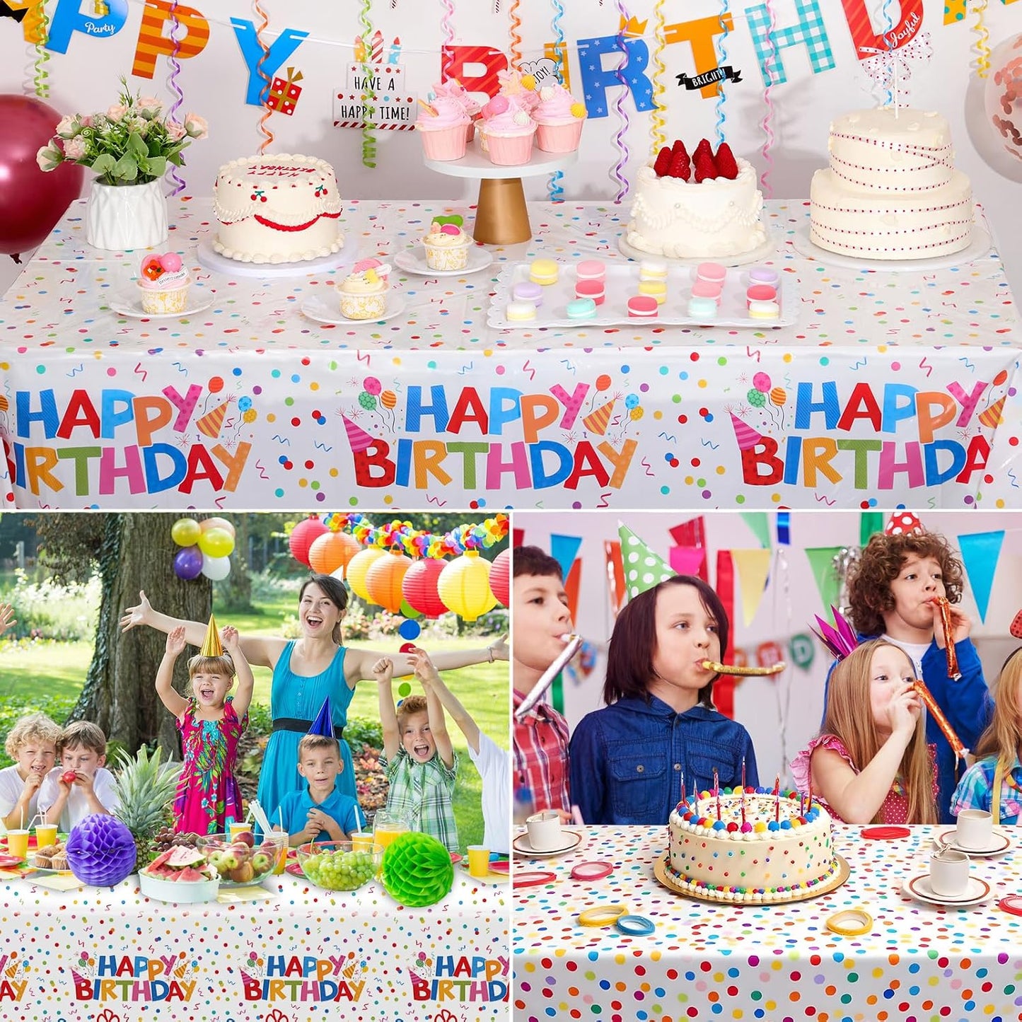 4 Pack Plastic Birthday Tablecloth, 54 x 108 Inch Disposable PE Happy Birthday Tablecloth Waterproof Rectangle Birthdays Party Table Cover for Birthdays Party Decorations