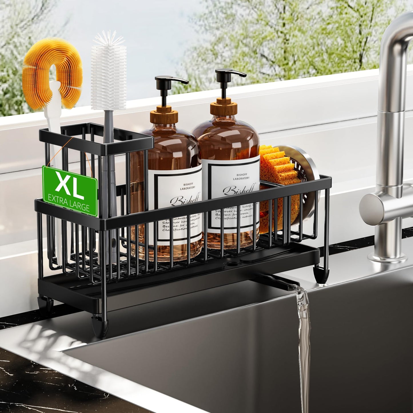 Cisily Sponge Holder for Kitchen Sink, Sink Caddy Organizer with High Brush Holder, Kitchen Countertop Organizers and Storage Essentials, Rustproof 304 Stainless Steel (Black, 9.25″)