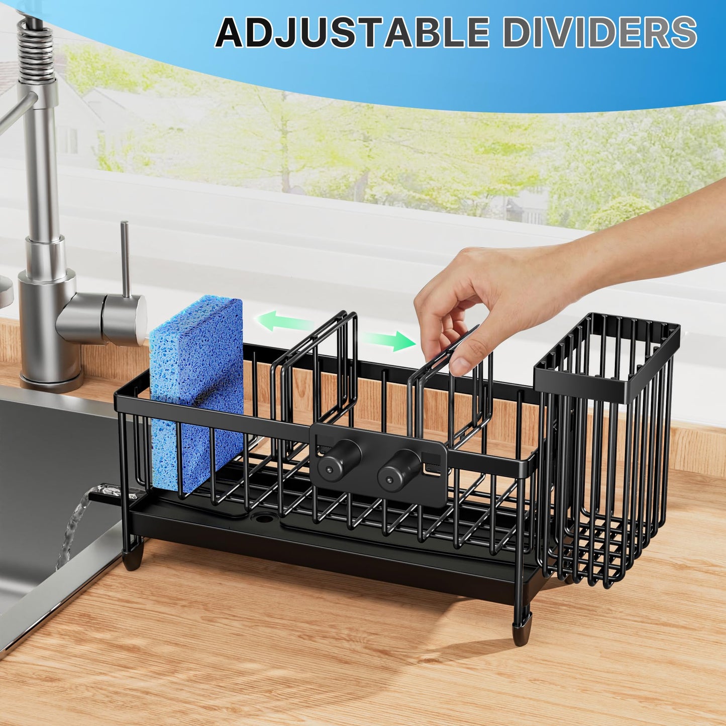 Cisily Sponge Holder for Kitchen Sink, Sink Caddy Organizer with High Brush Holder, Kitchen Countertop Organizers and Storage Essentials, Rustproof 304 Stainless Steel (Black, 9.25″)