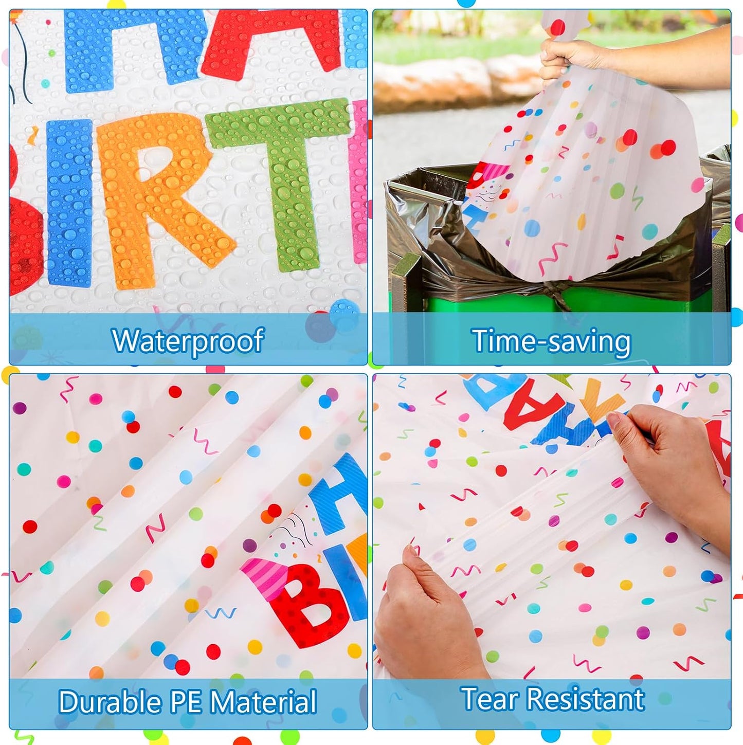 4 Pack Plastic Birthday Tablecloth, 54 x 108 Inch Disposable PE Happy Birthday Tablecloth Waterproof Rectangle Birthdays Party Table Cover for Birthdays Party Decorations