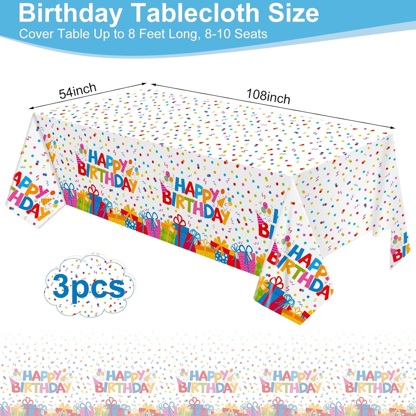 4 Pack Plastic Birthday Tablecloth, 54 x 108 Inch Disposable PE Happy Birthday Tablecloth Waterproof Rectangle Birthdays Party Table Cover for Birthdays Party Decorations