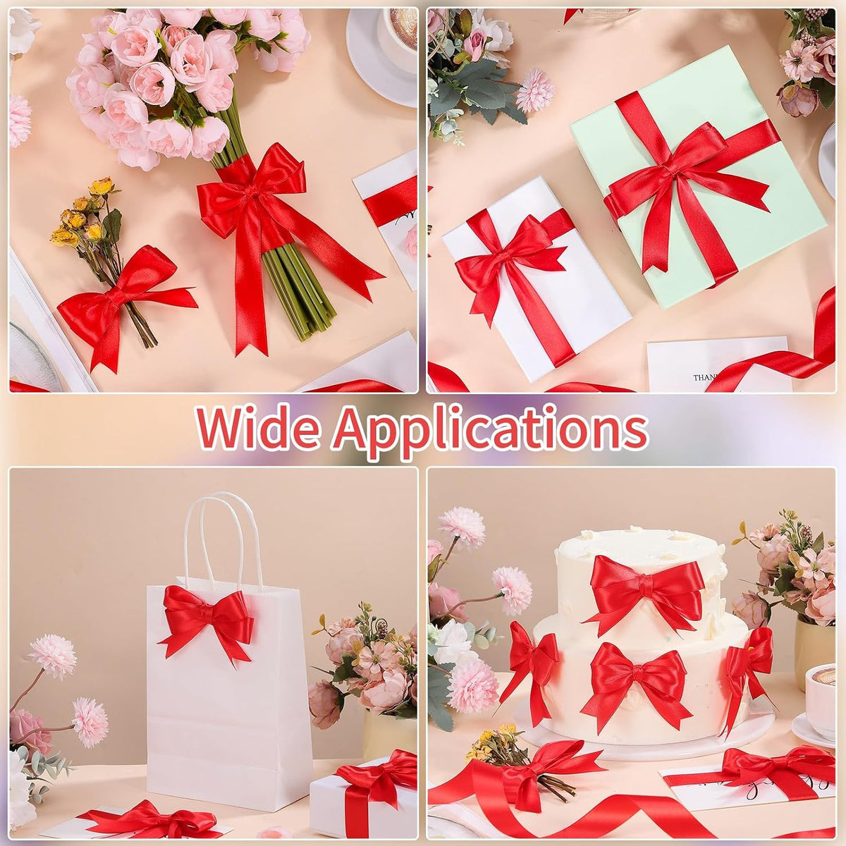 Jaikg Red Satin Ribbon 1 Inch 50 Yards Red Bows，2 Rolls