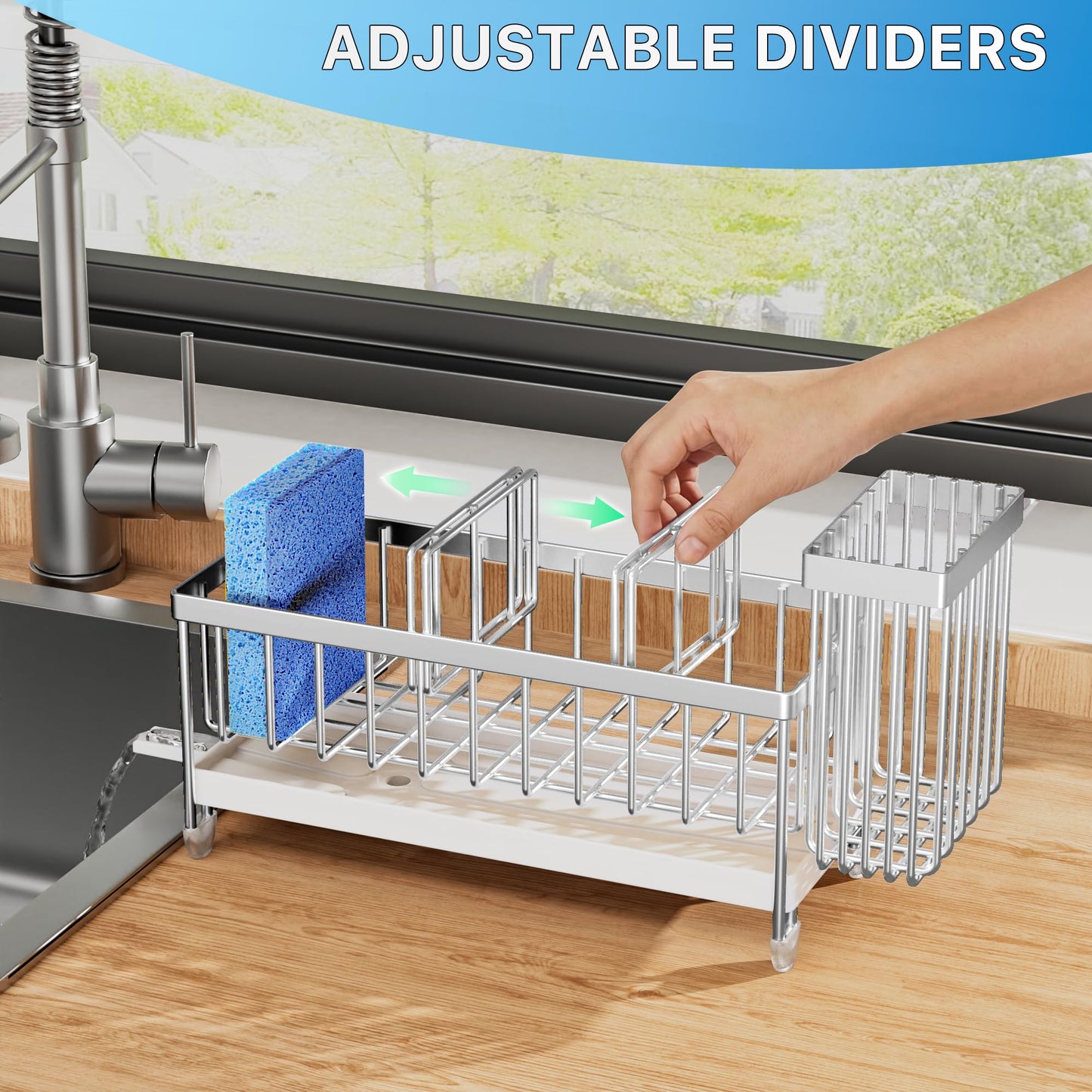 Cisily Sponge Holder for Kitchen Sink, Sink Caddy Organizer with High Brush Holder, Kitchen Countertop Organizers and Storage Essentials, Rustproof 304 Stainless Steel (Black, 9.25″)