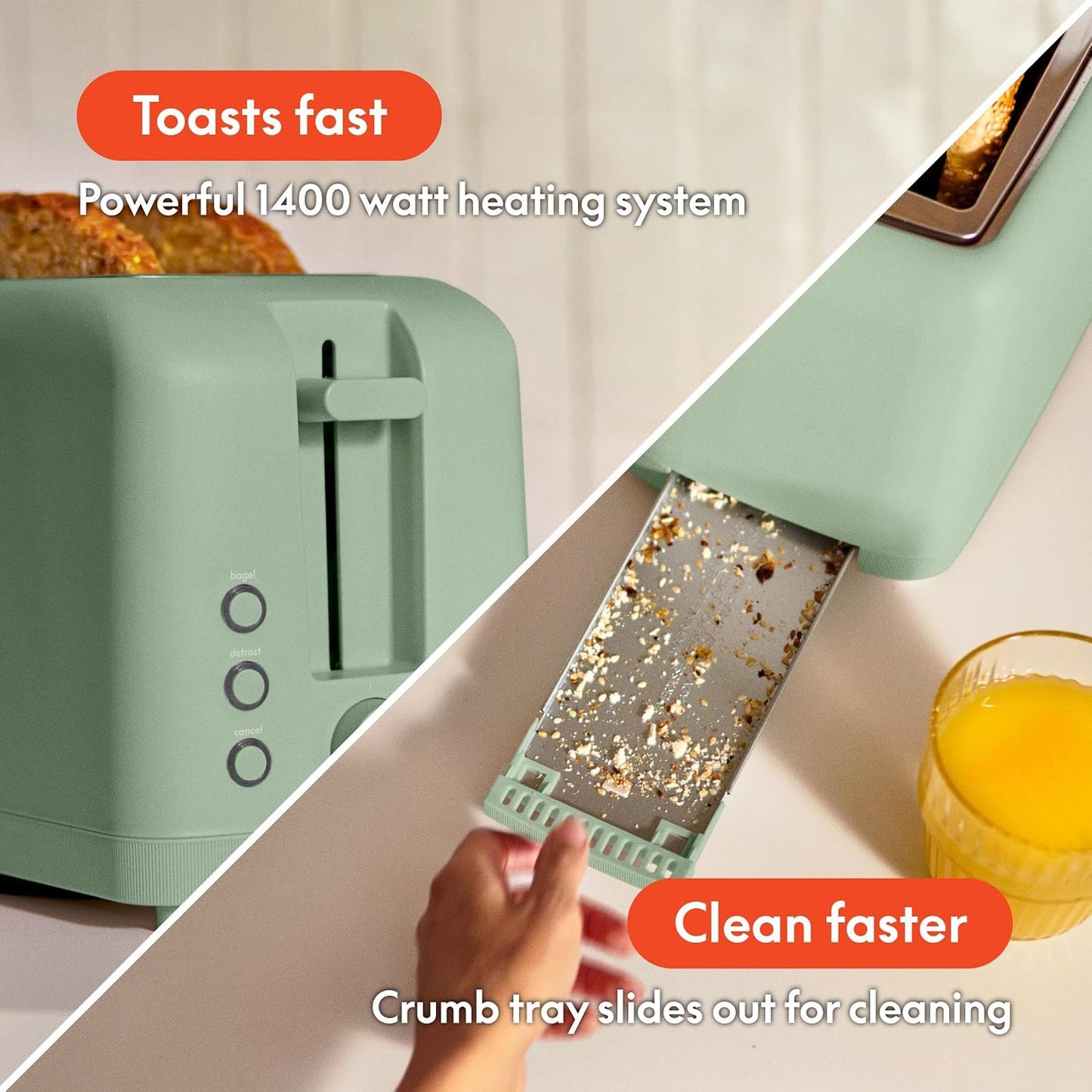 bella Fits-Anywhere™ Slim Toaster, 2 Slice Extra Long & Wide Slot, Oatmilk