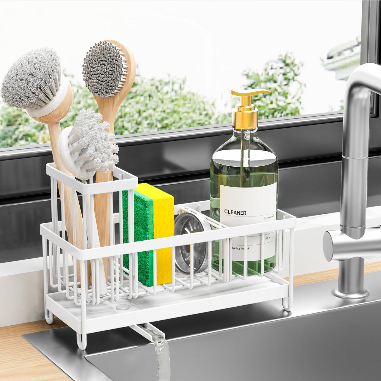 Cisily Sponge Holder for Kitchen Sink, Sink Caddy Organizer with High Brush Holder, Kitchen Countertop Organizers and Storage Essentials, Rustproof 304 Stainless Steel (Black, 9.25″)