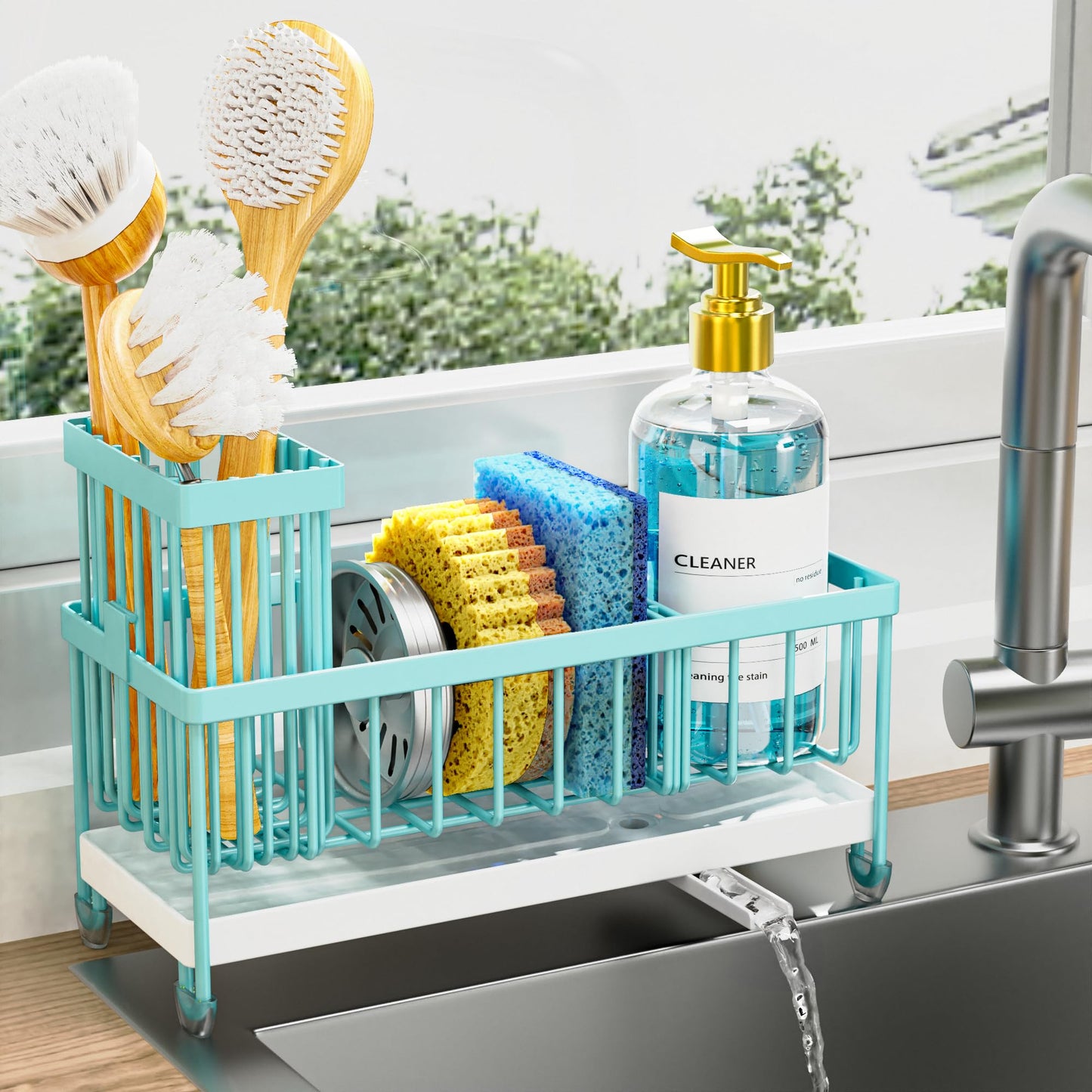 Cisily Sponge Holder for Kitchen Sink, Sink Caddy Organizer with High Brush Holder, Kitchen Countertop Organizers and Storage Essentials, Rustproof 304 Stainless Steel (Black, 9.25″)