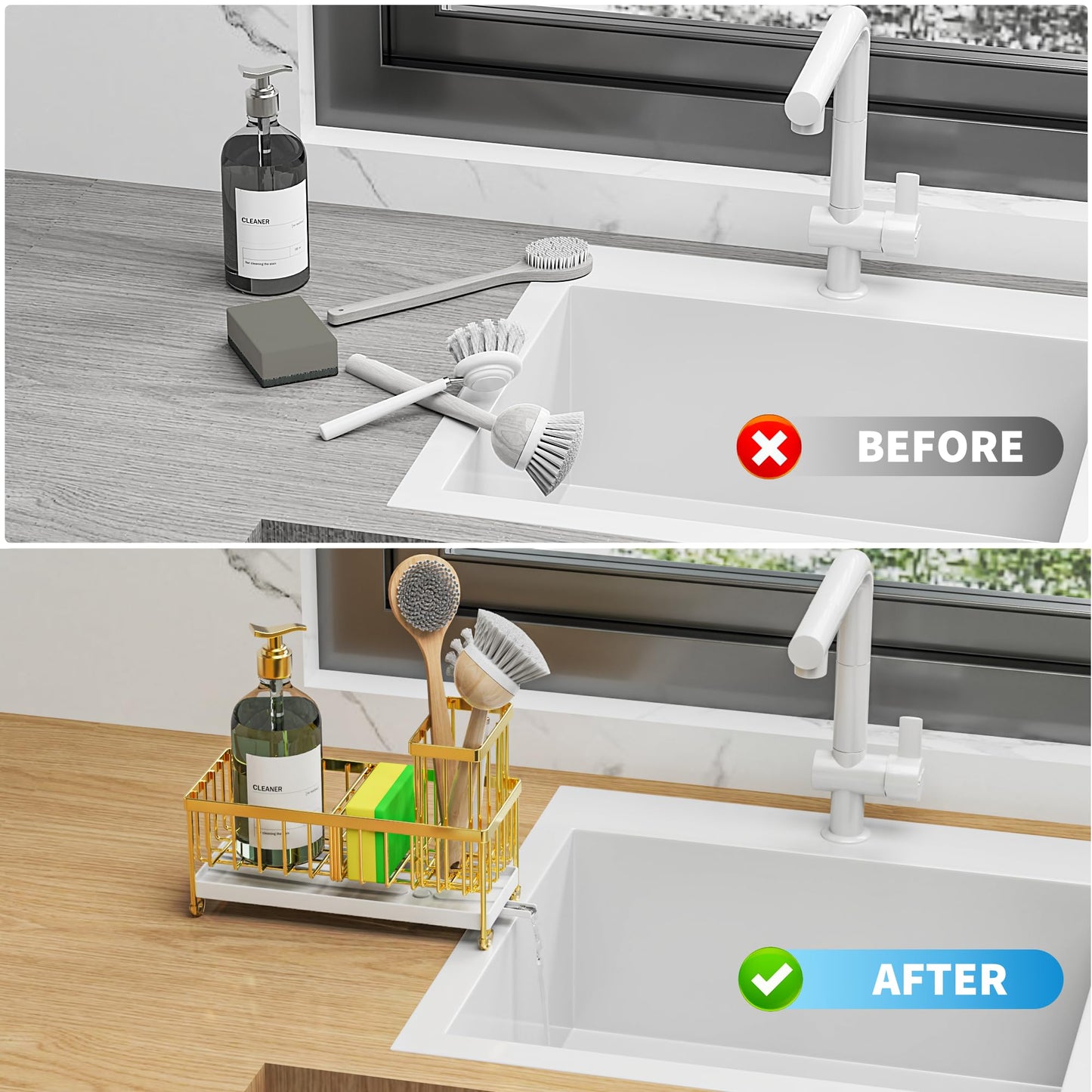 Cisily Sponge Holder for Kitchen Sink, Sink Caddy Organizer with High Brush Holder, Kitchen Countertop Organizers and Storage Essentials, Rustproof 304 Stainless Steel (Black, 9.25″)