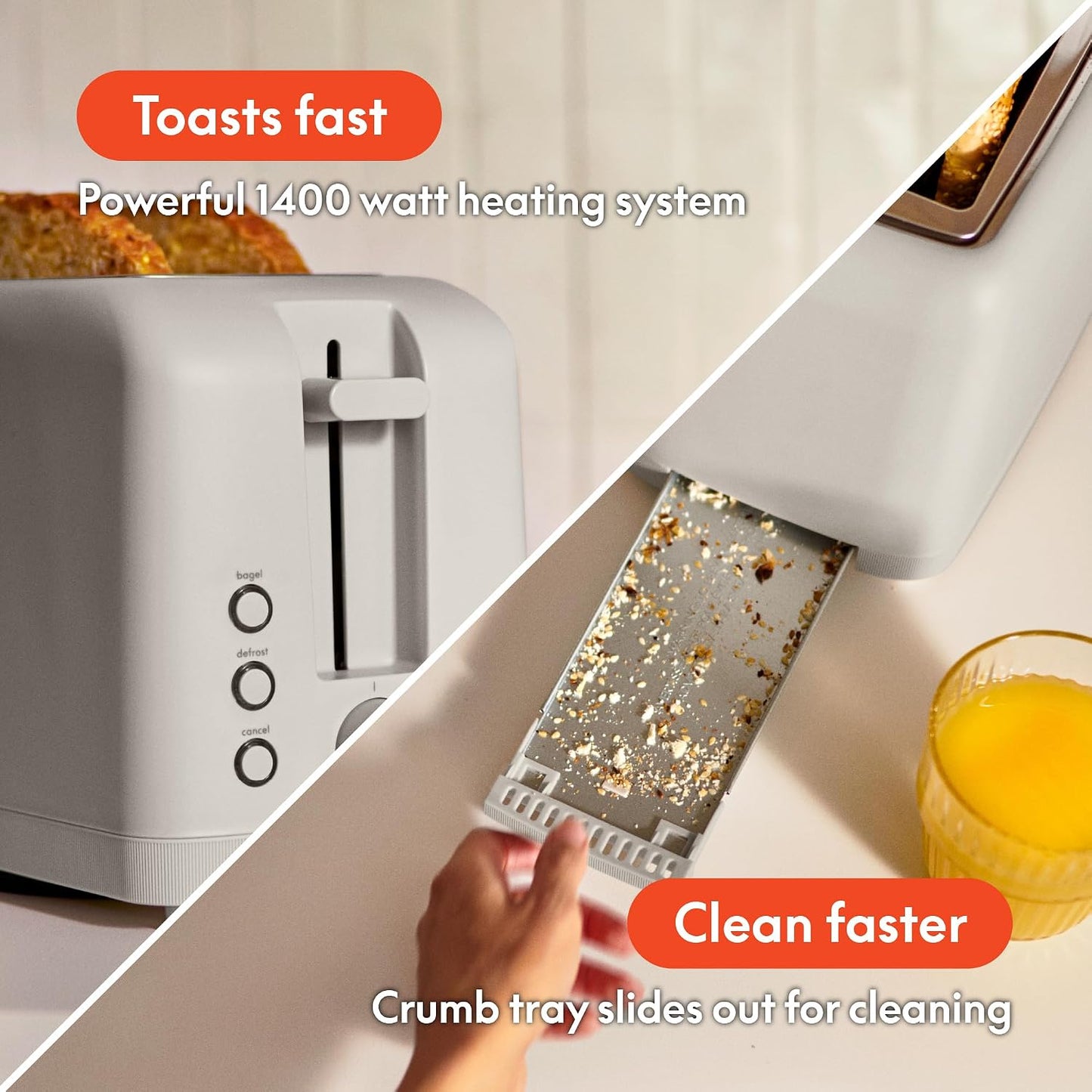 bella Fits-Anywhere™ Slim Toaster, 2 Slice Extra Long & Wide Slot, Oatmilk