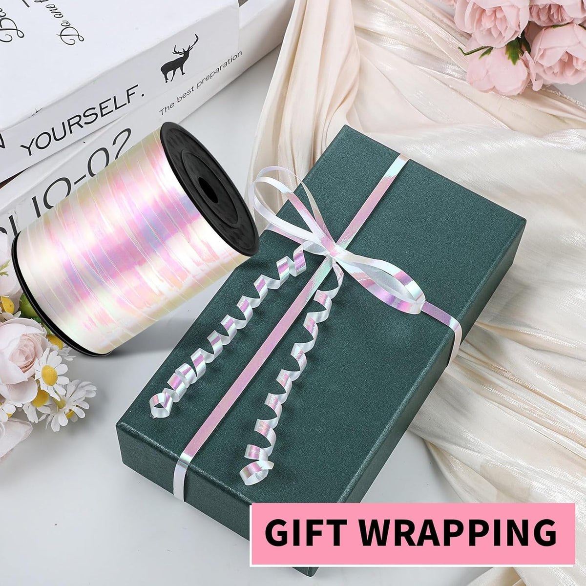 jaikg 1200 Yards Iridescent White Curling Ribbon 1/5 Inch for Wedding Decor Gift Wrapping