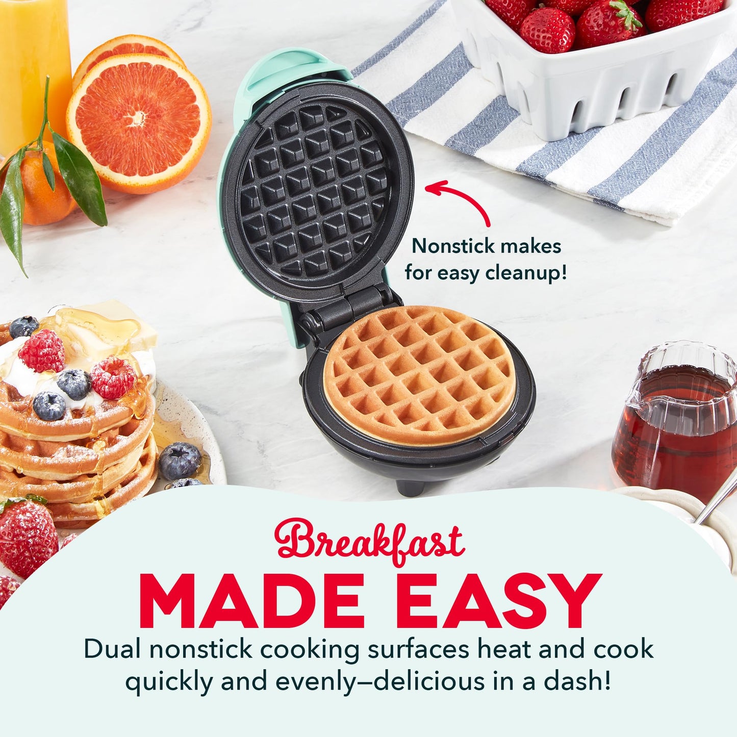 Dash Mini Waffle Maker, 4-Inch Ceramic Nonstick Cooking Surface, Aqua | Small Waffle Iron for Dorms & RVs, Chaffle Maker & Compact Waffle Machine, Mini Waffles for Kids & Families