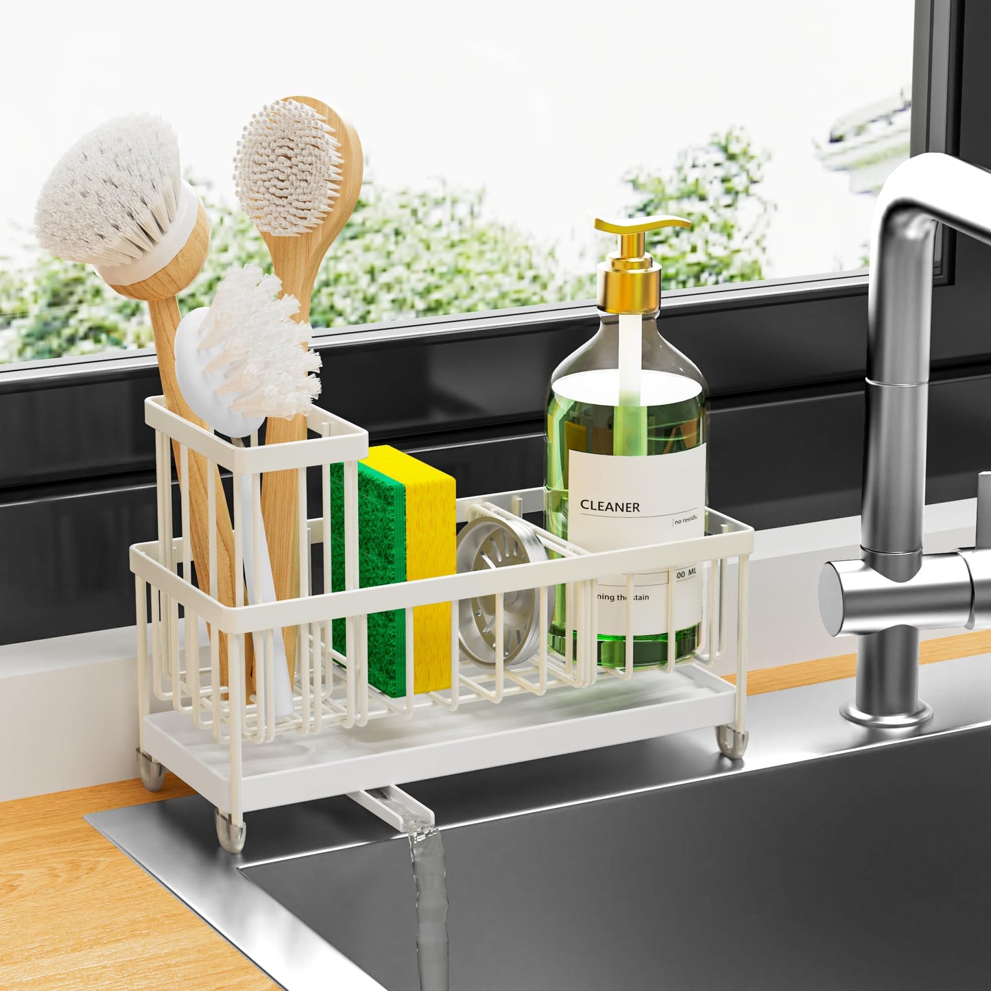Cisily Sponge Holder for Kitchen Sink, Sink Caddy Organizer with High Brush Holder, Kitchen Countertop Organizers and Storage Essentials, Rustproof 304 Stainless Steel (Black, 9.25″)